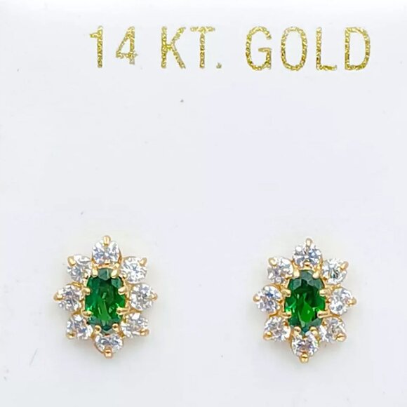 Created Emerald & White Sapphire Stud Flower Earrings 14k Gold